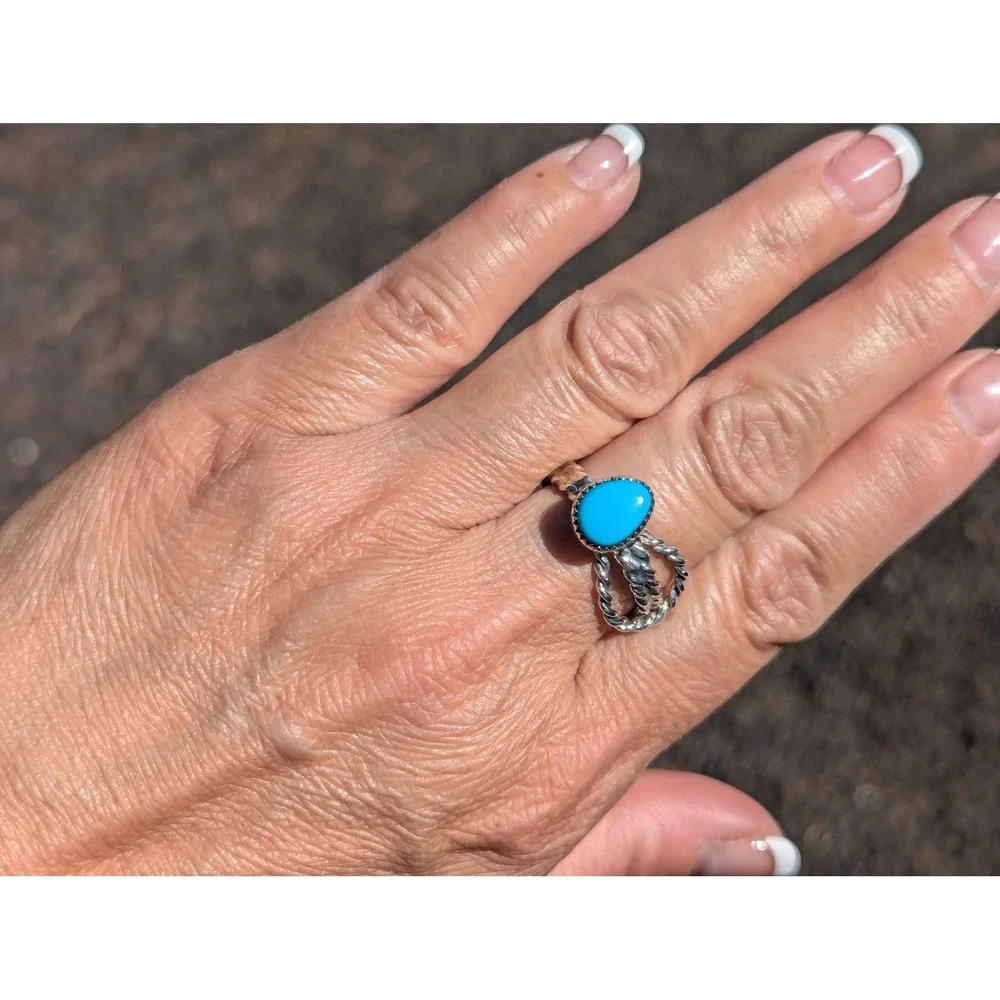 Navajo Turquoise‎ Rope Lasso Sterling Silver Ring Native Am Jewelry Sz 8US**